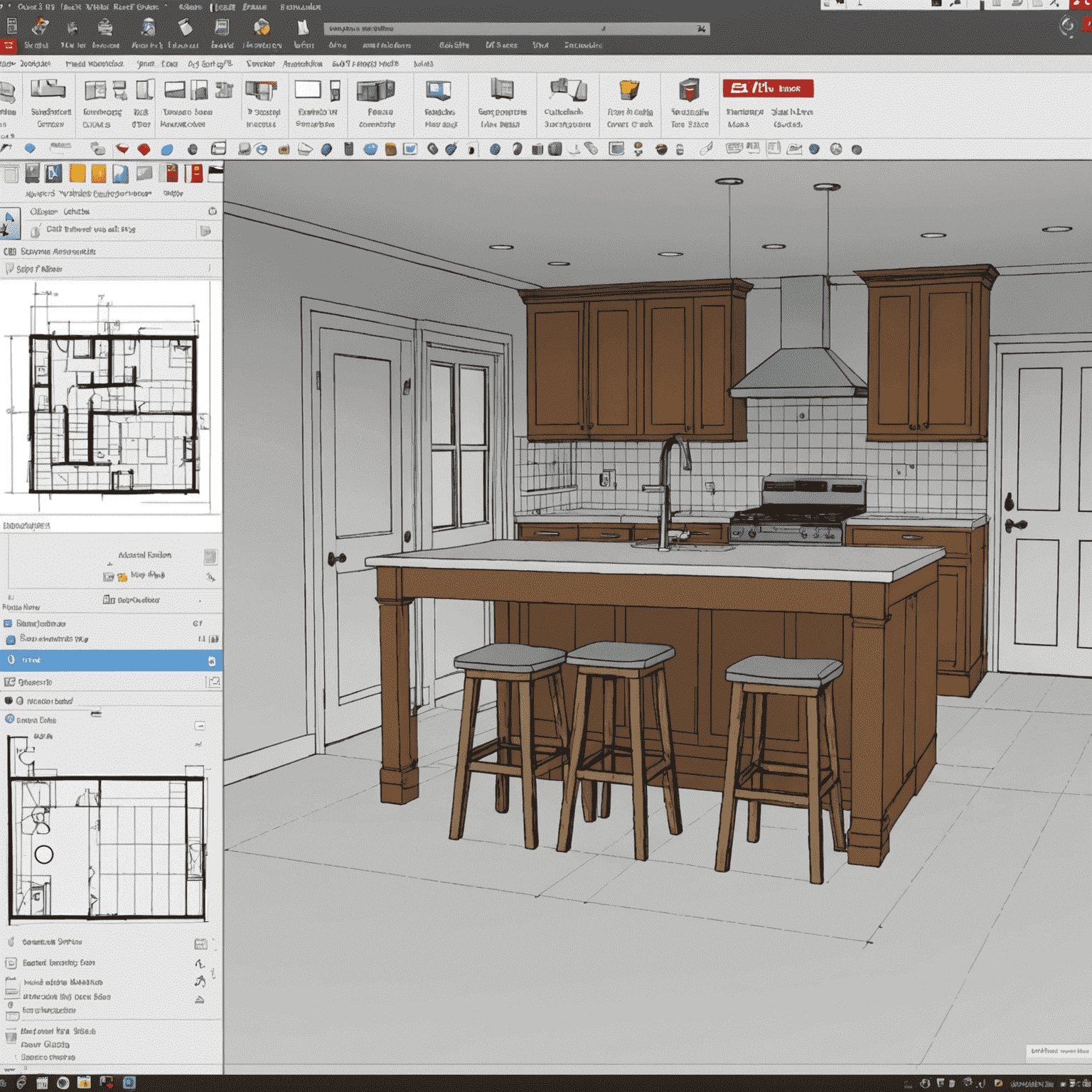 SketchUp interface overview showing the main toolbar, drawing area, and 3D axis