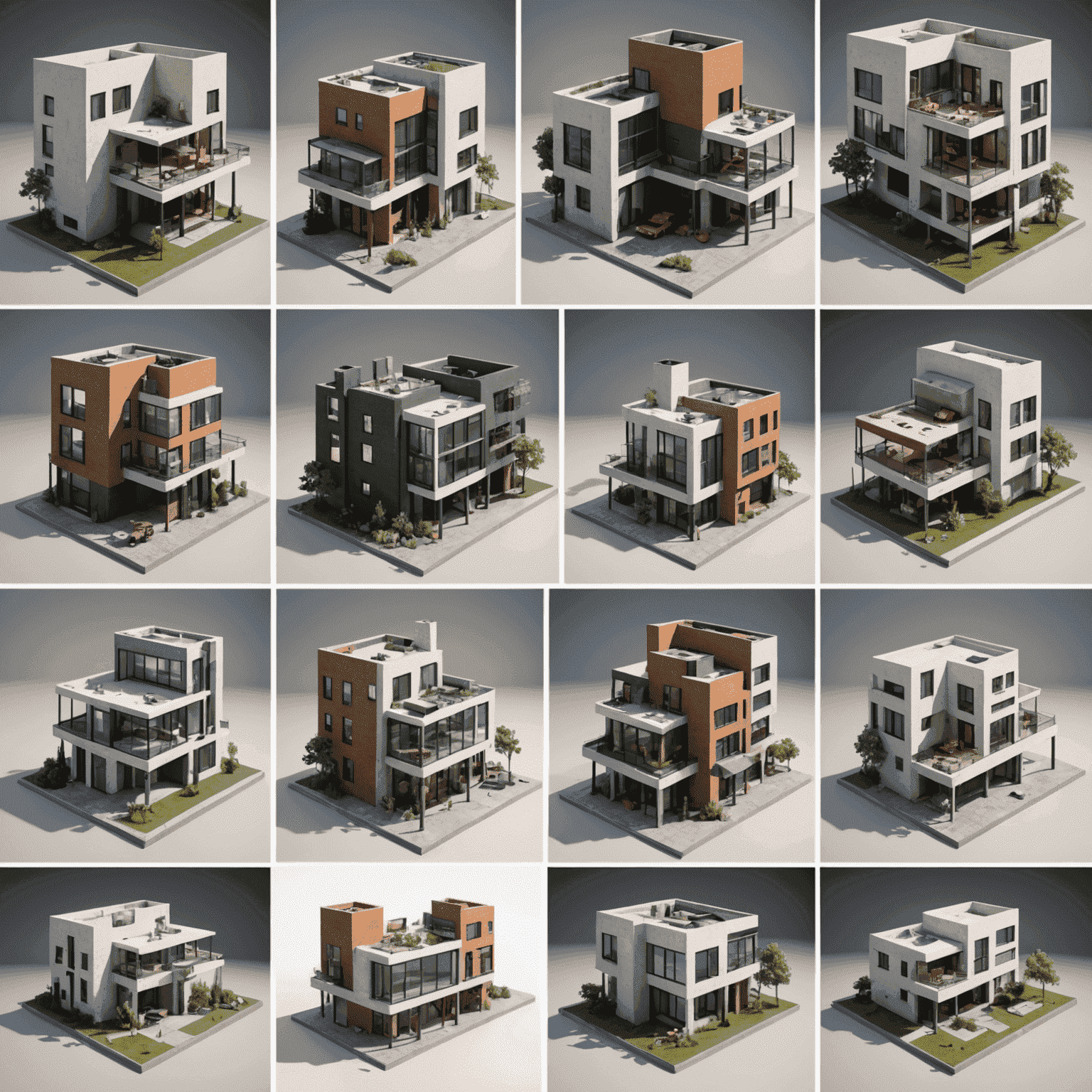 A collage of various 3D models created by students, showcasing architectural designs, product prototypes, and interior layouts