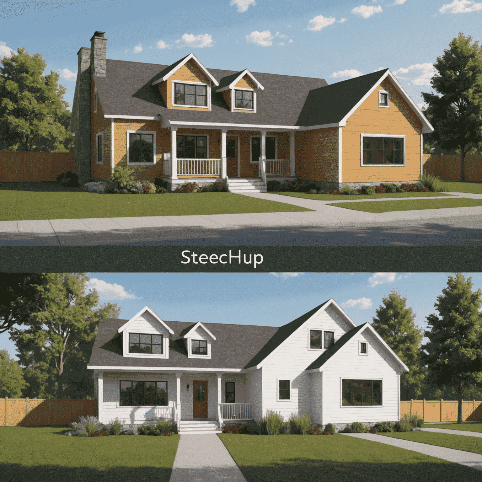 Side-by-side comparison of a SketchUp model with basic materials vs. one with detailed, realistic textures and finishes