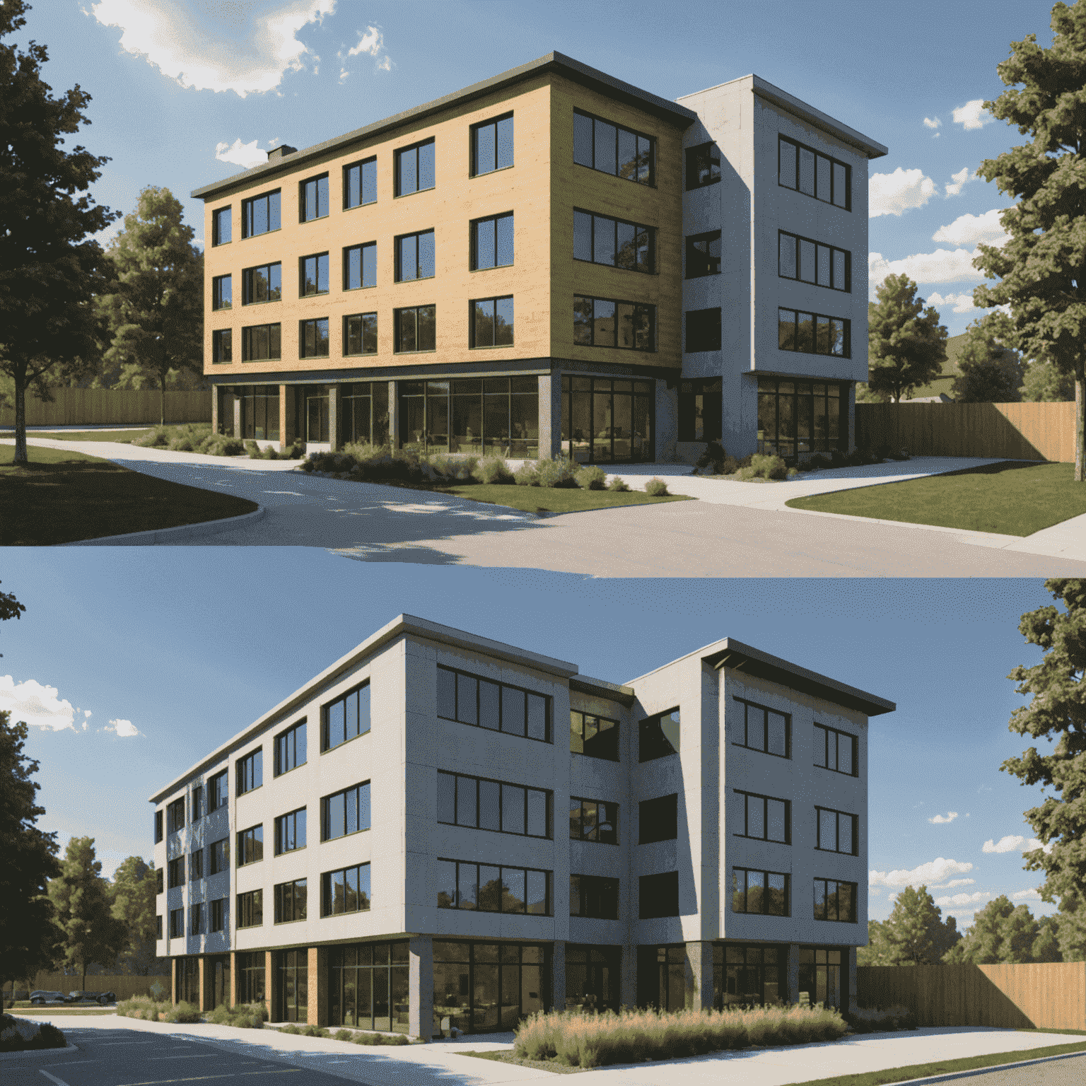 A split-screen image showing various SketchUp modeling techniques. On the left, a wireframe view of a building using components and layers. On the right, the same model with textures and shadows applied, demonstrating the power of efficient modeling practices.