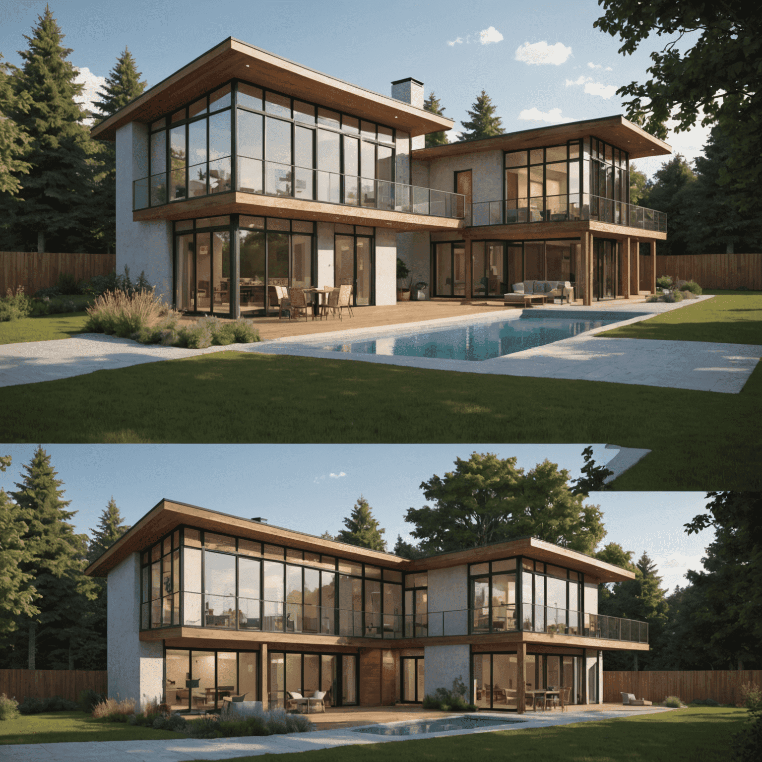 A series of images showing the progression of a SketchUp model from wireframe to fully rendered visualization. The final image showcases photorealistic materials, accurate lighting, and atmospheric effects, demonstrating the power of SketchUp's rendering capabilities when combined with plugins.