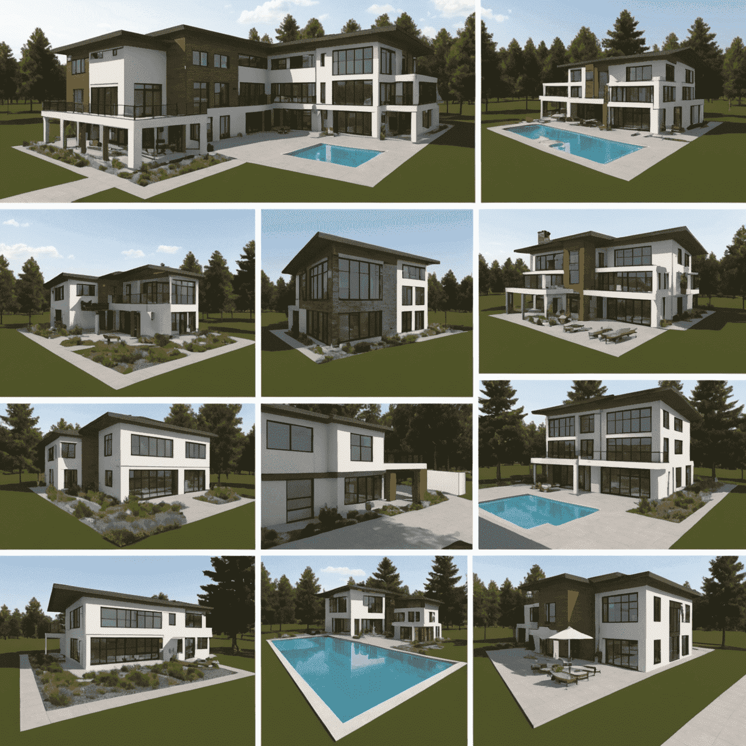 Architectural design process in SketchUp showing floor plans, 3D model, and rendered visualization